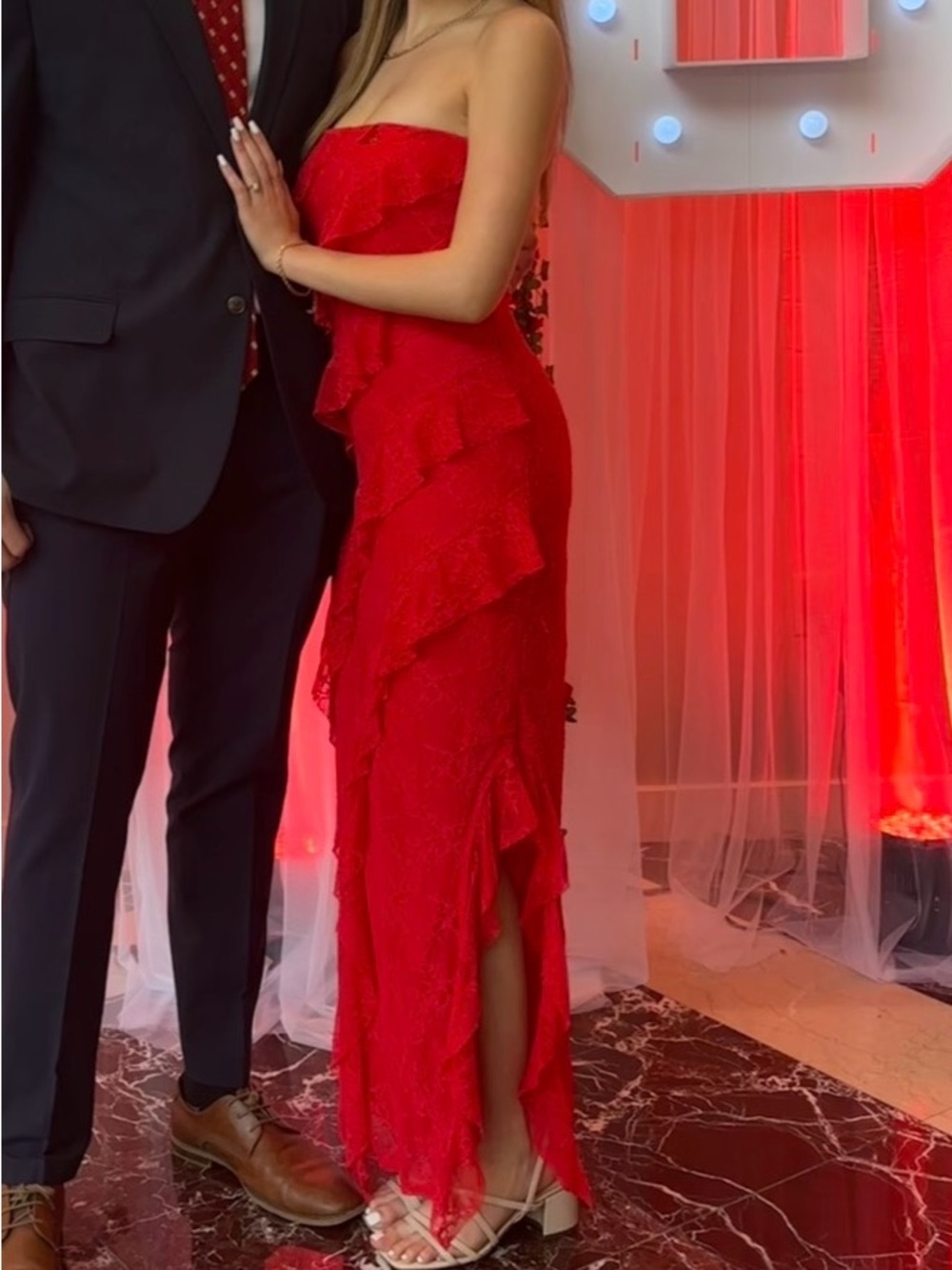 Red Strapless Ruffle Maxi Dress Zip up formal